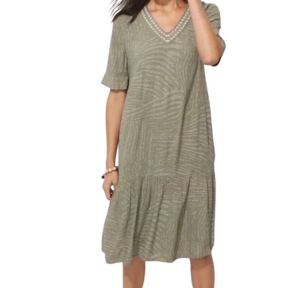 Chico's Dress Women's XL Green Embroidered V Neck Tiered Sundress Vacation - Picture 3 of 6